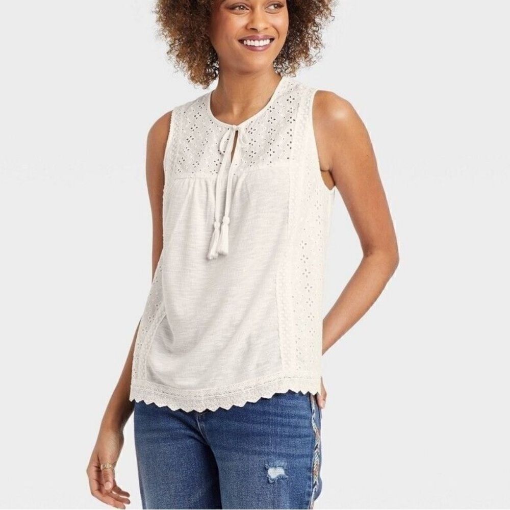 Knox rose Red L XL eyelet blouse boho tassel sleeveless shirt tank - Picture 2 of 7